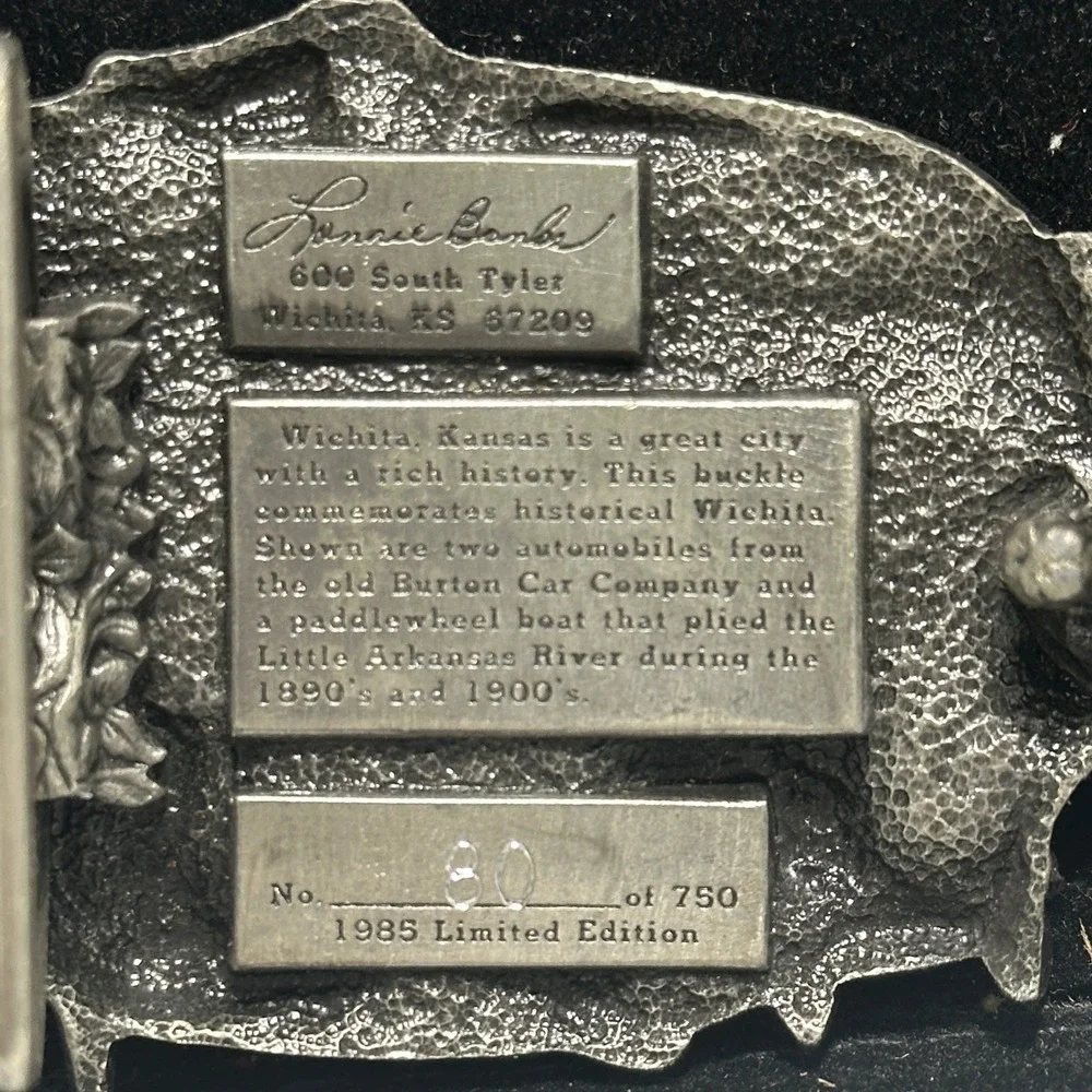 Vintage 1985 Wichita KS Commemorative Limited Edition Cars Steamship Belt Buckle